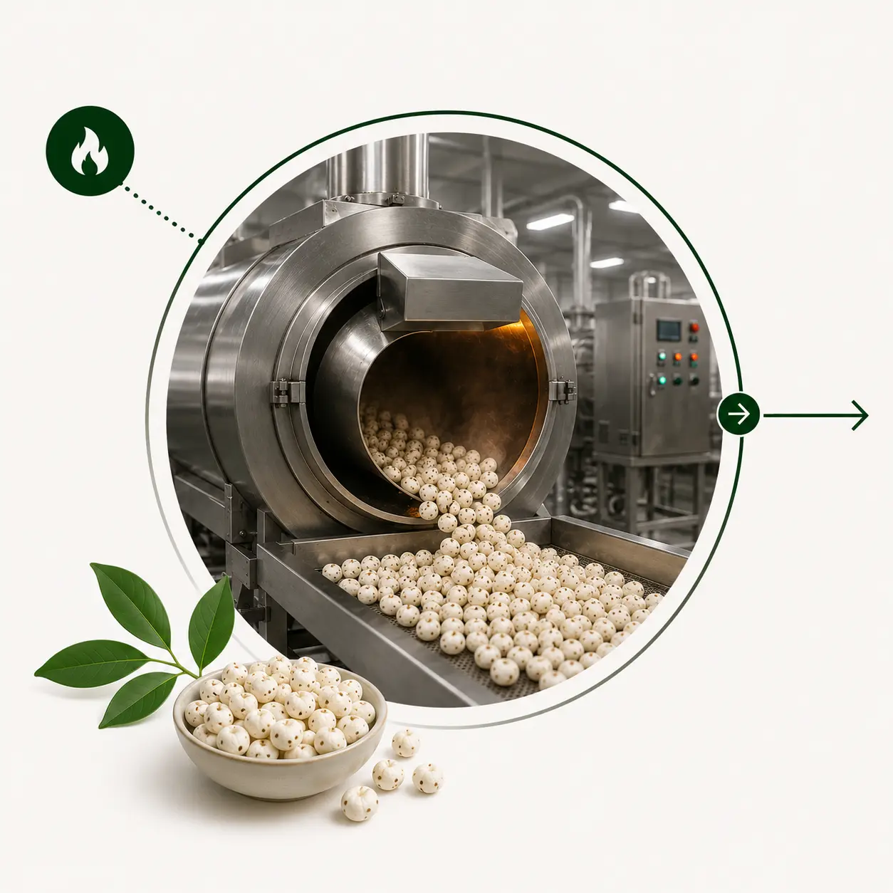Thermal roasting of makhana in the production facility